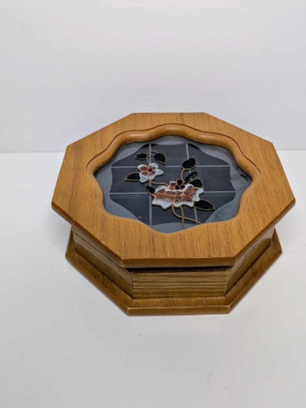 Vintage Mele Octagon Wood Floral Glass Jewelry Box